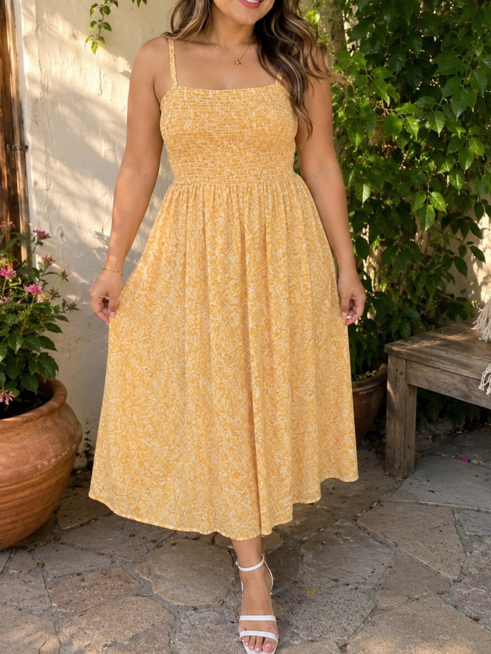 Old Navy Yellow Floral Smocked Midi Dress Size Small